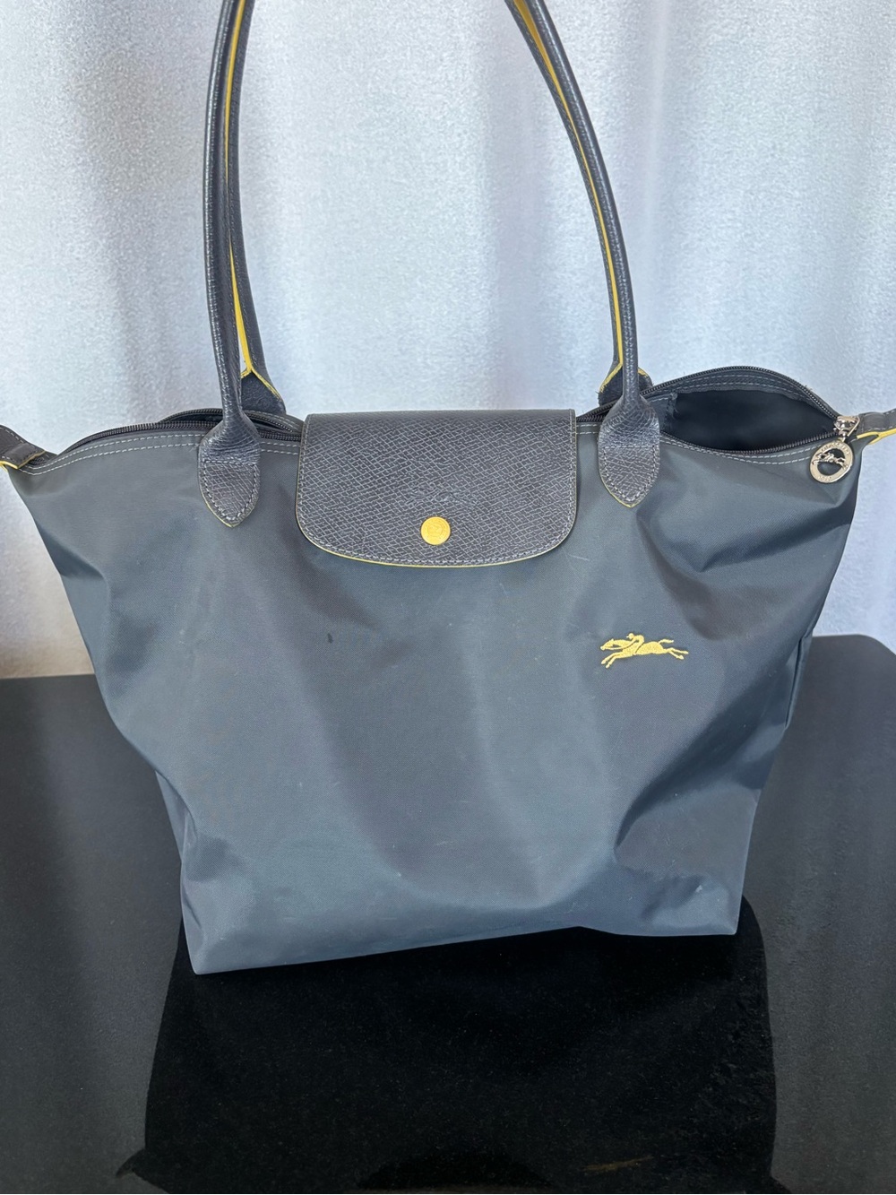 Authentic Longchamp Le Pliage Club Large Tote Bag - Dark Gray w/Yellow trim